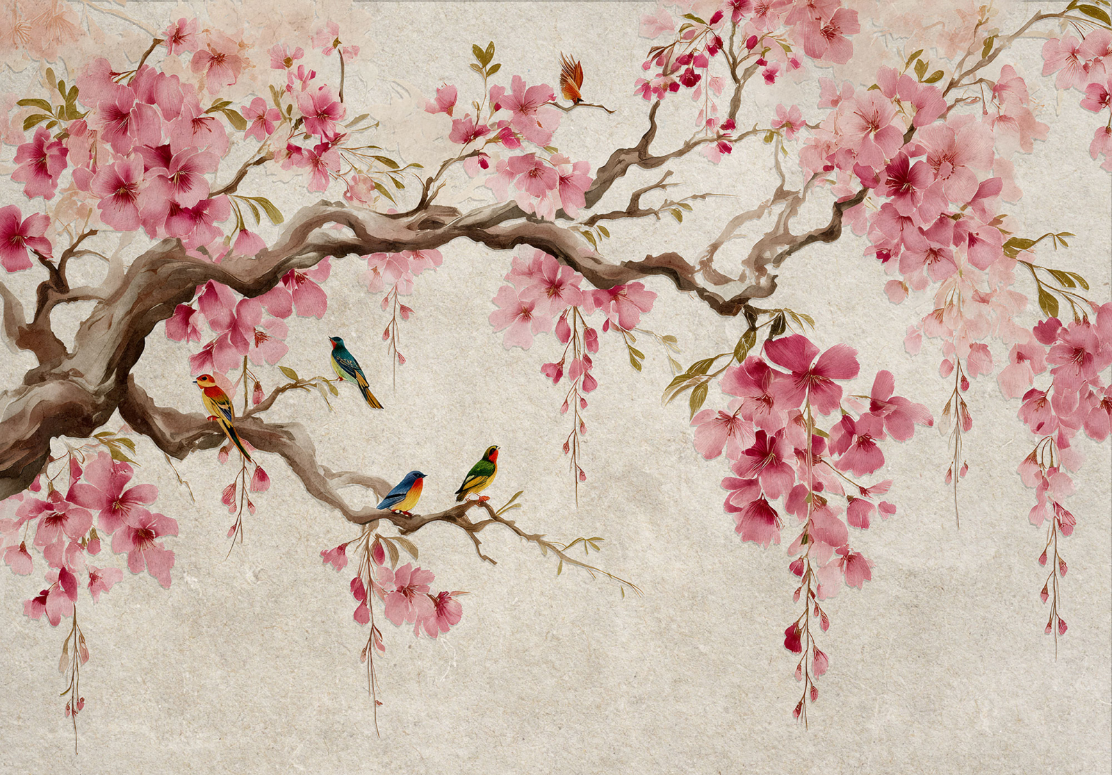 Фототапет Цъфнала вишна и птици – нежна хармония и изящество